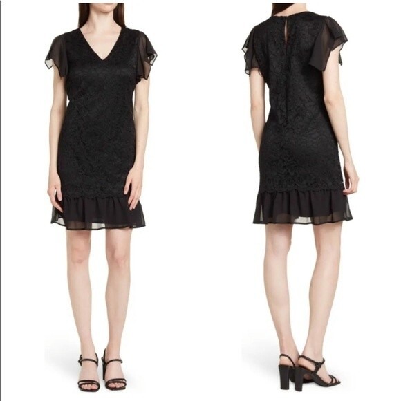 NWT Sam Edelman Flutter Sleeve Lace and Chiffon‎ Dress Black Size 10 - Picture 1 of 4